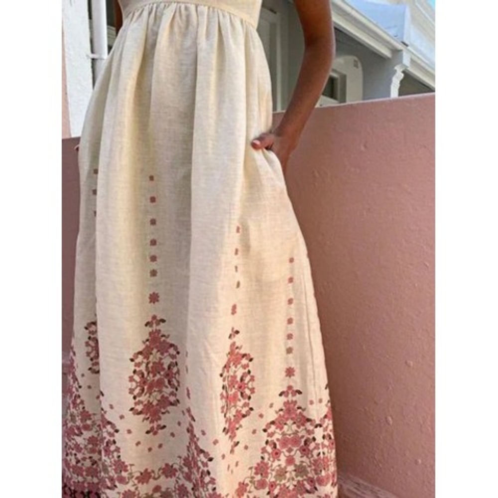 Tree of Life Cream Pink Floral Damask Border Print Linen Maxi Dress Empire Waist - Picture 12 of 12